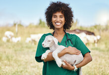 Farm, Portrait And Woman Holding Sheep On Livestock Field For Medical Animal Checkup. Happy, Smile And Female Vet Doctor Doing Consultation On Lamb In Agro, Sustainable And Agriculture Countryside.