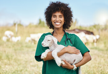 Farm, portrait and woman holding sheep on livestock field for medical animal checkup. Happy, smile and female vet doctor doing consultation on lamb in agro, sustainable and agriculture countryside.