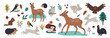 Cute forest animals collection. Owl, deer, hare, hedgehog, birds, squirrel, woodpecker, chipmunk, black grouse. Hand drawn vector illustration set woodland animals, trees, mushrooms isolated