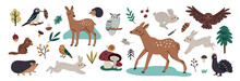 Cute Forest Animals Collection. Owl, Deer, Hare, Hedgehog, Birds, Squirrel, Woodpecker, Chipmunk, Black Grouse. Hand Drawn Vector Illustration Set Woodland Animals, Trees, Mushrooms Isolated