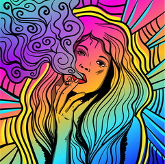 Wall Mural - Colourful psychedelic line art with the abstract smoking woman. Cigarette illustration. Doodles and lines abstract hand-drawn vector art.