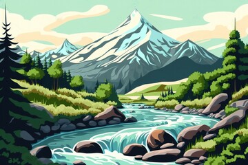 Wall Mural - Amazing natural scene of a swift mountain river in a valley covered in greenery with the sky in the background. View of the Russian countryside from a river, travel, hiking, and tourism concept. Cauca