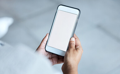 Aufkleber - Mockup, blank and hands of employee with a phone for social media and work contact. Website, connection and business worker reading on a mobile for an app, internet and chat online for communication