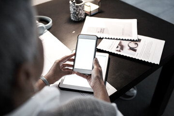 Mockup, chat and woman reading on a phone screen, communication and email at work. Contact, information and a business employee with a blank mobile for a messaging app, internet and online branding