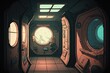 An vacant room inside a space station that has been abandoned. The space station's hallway is illuminated by light coming through windows and portholes. Something odd is taking place. Generative AI