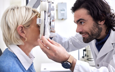 Canvas Print - Doctor with woman in a vision test or eye exam for eyesight by doctor, optometrist or ophthalmologist with medical aid. Mature patient or client with a helpful optician to see or check glaucoma