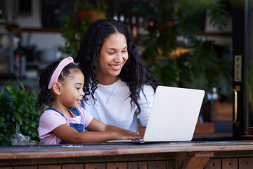 Poster - Mother, learning and girl with laptop at cafe for education and development online. Family, remote worker and happy woman teaching kid how to type on computer at restaurant, bonding and having fun.