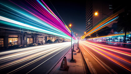 Wall Mural - abstract long exposure dynamic speed light trails in an urban environment. generative ai