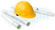 Construction concept, building drawing blueprints grid and yellow hard hat isolated