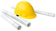 Construction concept, building drawing blueprints and hard hat isolated