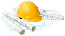 Construction Concept, Building Drawing Blueprints Grid And Yellow Hard Hat Isolated
