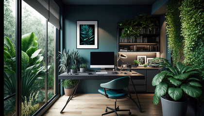 Wall Mural - A sleek and stylish modern home office with a computer and plants, Generative AI