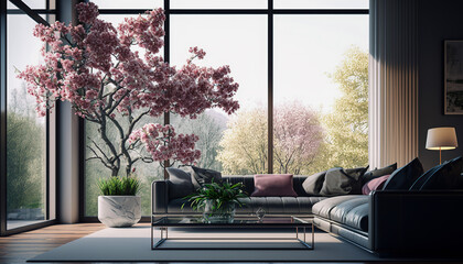 Video conference, zoom background: a modern living room with cherry blossom tree, Generative AI