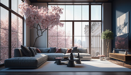 Wall Mural - Video conference, zoom background: a futuristic living room with cherry blossom, Generative AI