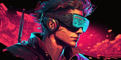 Poster - An image of a man dressed in cyberpunk attire, including neon virtual glasses and a headset. a futuristic, high tech man from the future. Cyberpunk and the illustration of virtual reality are examples