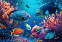  A Painting Of A Group Of Fish Swimming In A Coral Reef With Corals And Sponges On The Bottom Of The Water And A Blue Background. Generative AI
