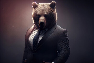 portrait of a grizzly bear in elegant business suit outfit. serious boss concept. digitally generate