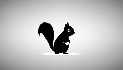 Sticker -  a black squirrel with a white tail sitting on a gray background with a shadow of the squirrel on the left side of the image, and a gray background with a white.  Generative AI