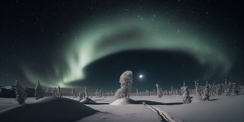 Wall Mural - Hiking Trail Under Northern Lights - Generative Ai