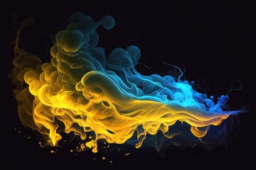 Wall Mural - bright yellow blue vapor on a dark background. Generative AI
