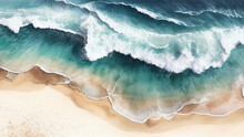 Aerial Top Bird Eye View Beach By Watercolor Brush Painting In Brown Sand Blue Sea Wave For Backgrounds Or Banner Generative Ai.