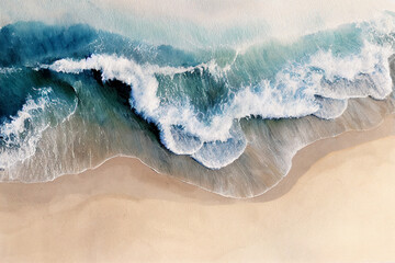 summer background watercolor sea wave and sand beach. top bird eye view generative ai.