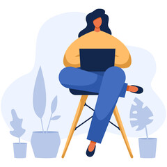 Flat vector illustration of woman working from home office in the flower room with laptop on her laps. Freelancer typing on notebook, distant employee.