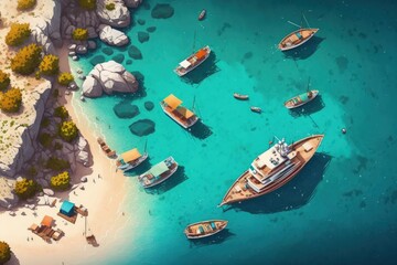 Poster - airborne boats. aerial view of the Turkish coast. Sunny day seascape in the summer with crystal clear water and a sandy beach. aerial view of boats from the top. aerial view of the sea in summer. imag