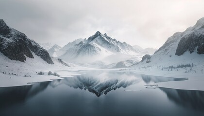 a snowy mountain range with a lake surrounded by snow covered mountains in the foreground and a clou