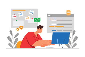 Aufkleber - Programming gray concept with people scene in the flat cartoon design. Programmer write a code for application using different languages. Vector illustration.