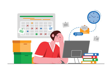 Aufkleber - Deadline gray concept with people scene in the flat cartoon style. Employee is worried that he will not be able to complete all the tasks before the deadline. Vector illustration.