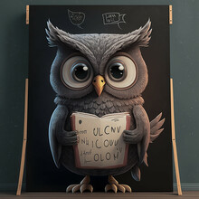 Cute Cartoon Owl In Front Of A Blackboard Banner