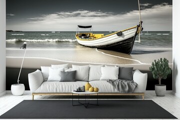 Poster -  a living room with a couch and a wall mural of a boat on the shore of a beach with waves coming in from the ocean. Generative AI