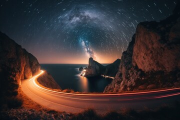 Canvas Print - A view of the Milky Way rising above a lit up road with light trails from the Far de Formentor lighthouse on Mallorca, Spain. Generative AI