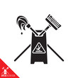 Slippery floor sign with crossed mop and broom vector glyph icon