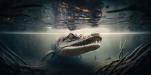 Beautiful Underwater Environment. Half Underwater,  A Wide Shot Into The Mysterious Deep With Crocodile.
