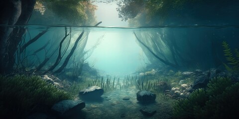 Reflecting Beauty: A Wide Shot of the Underwater Lake Landscape.