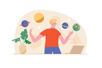 Aufkleber - Metaverse orange concept with people scene in the flat cartoon style. Guy got into virtual reality with help of digital gadgets and technologies. Vector illustration.