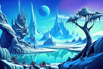 Wall Mural - Alien Planet A Fantasy Frozen Landscape with Blue Skies, by Ed Space Art. Generative AI