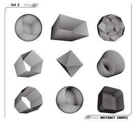 Set of abstract 3d wireframe shapes or elements with open edges. Scientific and geometric abstraction with deformed shapes.