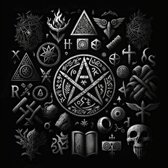 Poster - Magic symbols runes and spells. Witchcraft of a witch. Esoteric ornament, occult signs wizard. Mystic mythology sign