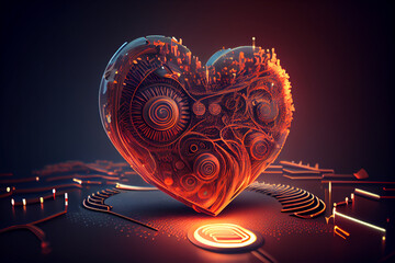 Wall Mural - Abstract digital heart with glowing light effect, digital illustration generative AI.