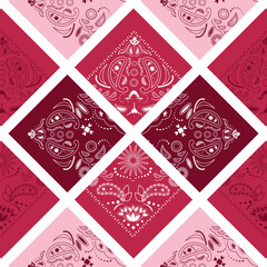 Wall Mural - Red bandana kerchief paisley fabric patchwork abstract vector seamless pattern