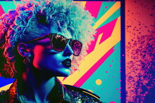 1980s Pop Art Illustration Of A Blonde Female Singer Wearing Sunglasses On A Fictional Album Cover, Generative AI