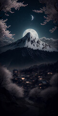 Canvas Print - Mountain in the moon light with Sakura trees