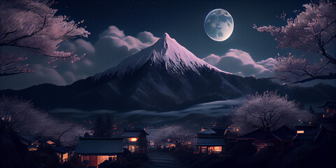 Poster - Mountain in the moon light with Sakura trees