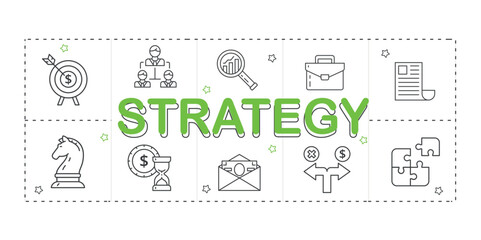 Fototapete - Strategy text concept. Collection of icons for website. Planning and goal setting, motivation. Business processes and structure. Cartoon flat vector illustrations isolated on white background