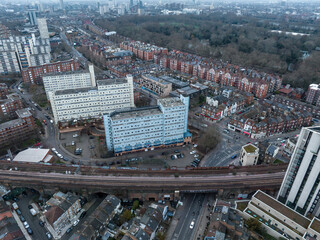 Fototapete - Aerial London Skyline view near railway road. Transportation logistics through London.