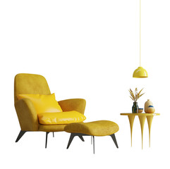 Canvas Print - yellow armchair with stool and table