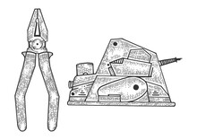 Pliers And Electric Planer Tools Sketch PNG Illustration With Transparent Background
